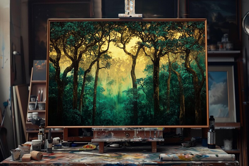 May include: A painting on an easel depicting a forest scene with tall trees and a misty background. The trees are a vibrant green and yellow, creating a sense of depth and mystery.