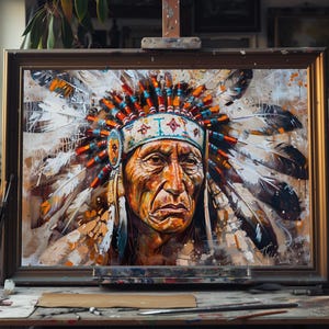 American Chief Elder Oil Painting – Hand-Painted Native Portrait Canvas, Indigenous Tribal Wall Art, Cultural Heritage Decor, Unique Gift