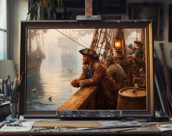 Pintura al óleo de bellas artes: Barco pirata clásico, arte mural náutico vintage, lienzo marítimo pintado a mano, decoración marinera, regalo único del océano.