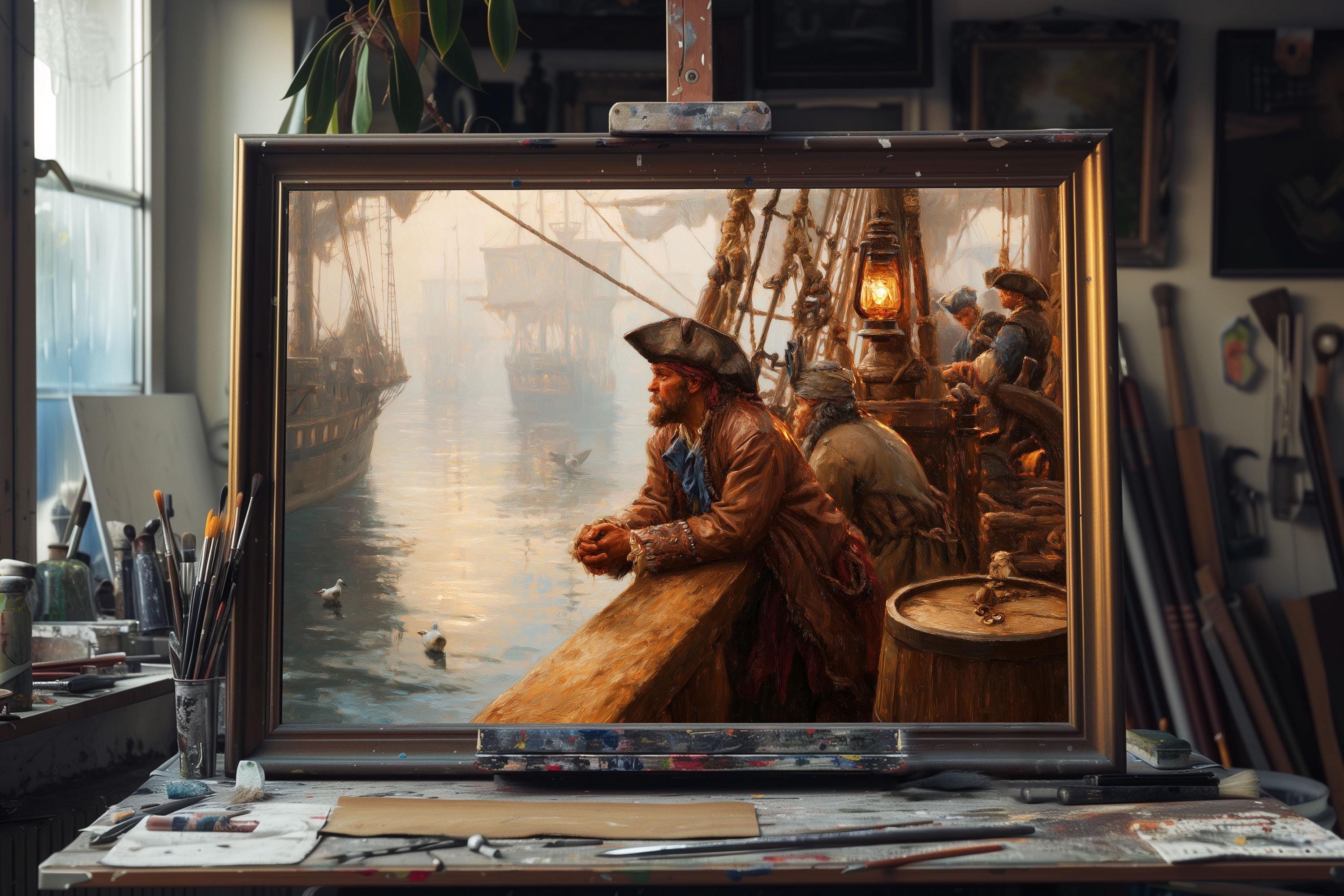 Fine Art Oil Painting Classic Pirate Ship, Vintage Nautical Wall Art ...