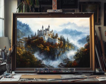 Fine Art Oil Painting Castle Atop a Forested Hill, Hand-Painted Medieval Fortress Art, Enchanted Woodland Wall Decor, Fairytale Landscape