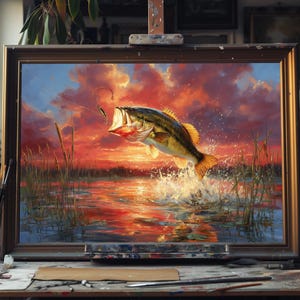 Largemouth Bass Fishing Fine Art Oil Painting, Hand‑Painted Trophy Bass Canvas, Angler Sport Wall Decor, Lake Fishing Scene Art, Oil Paint
