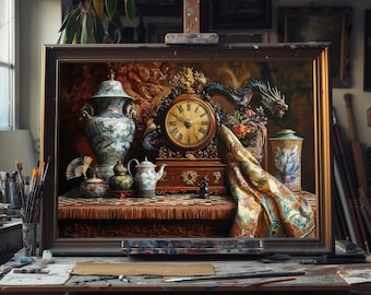 Fine Art Oil Painting Asian Antique Still Life, Oriental Vintage Decor Canvas Art, Traditional Eastern Heritage Artwork, Classic Asian Scene