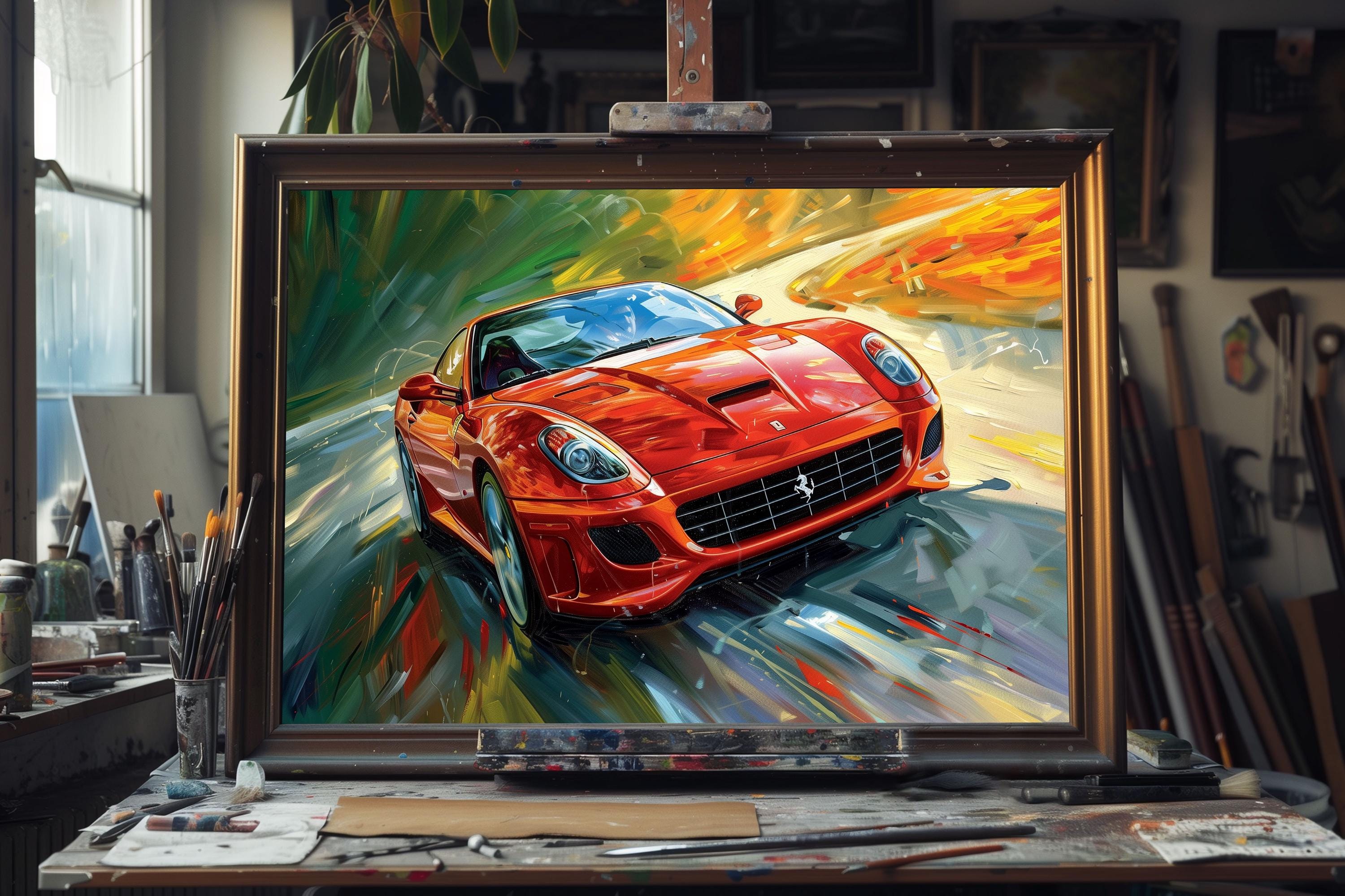 Fine Art Oil Painting Red Ferrari Speed, Hand-painted Supercar