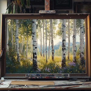 Fine Art Oil Painting Aspen Grove Bathed in Sunlight, Golden Autumn Forest Landscape, Hand-Painted Nature Canvas, Rustic Wall Decor Art