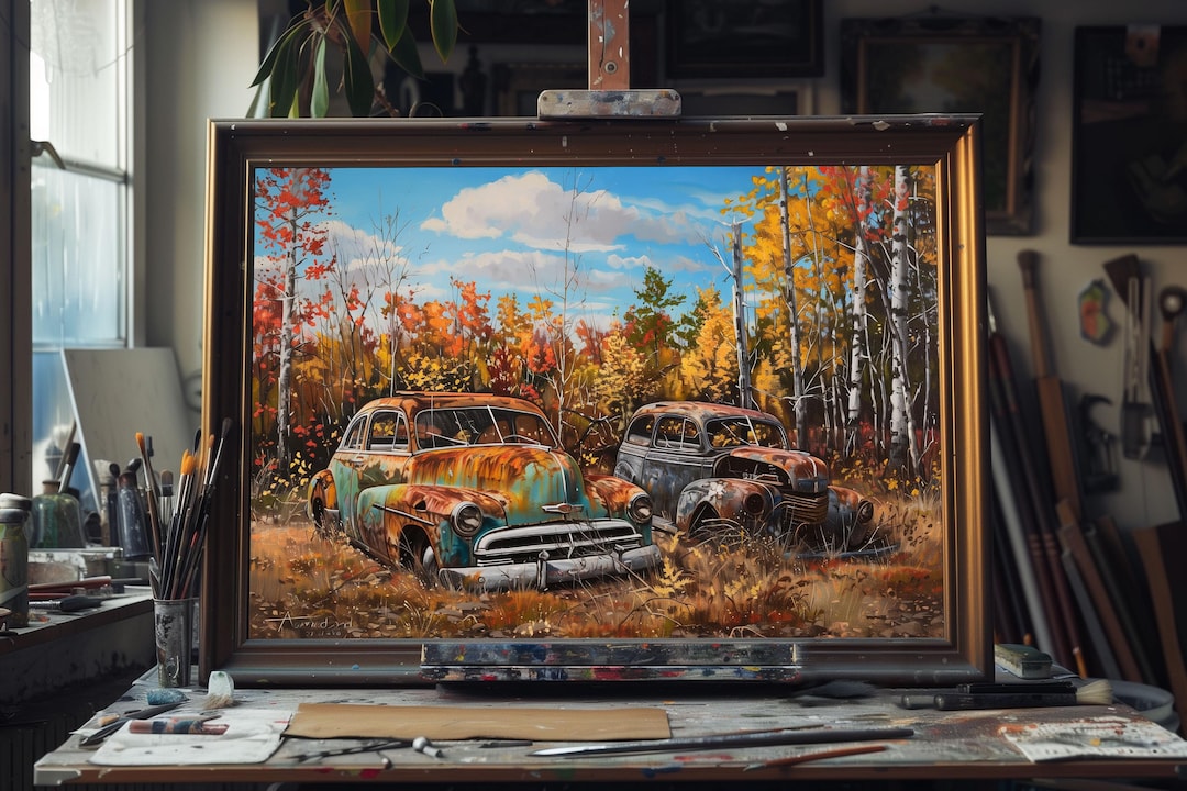 Fine Art Oil Painting Vintage Abandoned Car, Rustic Classic Auto Art