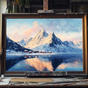 Majestic Snow Covered Mountain Fine Art Oil Painting, Winter Alpine Landscape Canvas, Hand‑Painted Snowy Peaks Wall Decor, Oil Art Painting