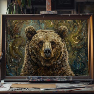 Fine Art Oil Painting of Bear, Wildlife Animal Canvas Art, Rustic Forest Wall Decor, Grizzly Bear Artwork, Nature Inspired Home Decoration