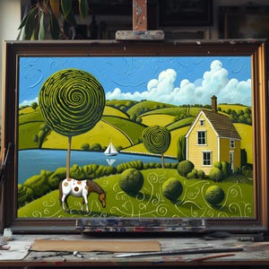 Fine Art Oil Painting Countryside Scene, Rustic Landscape Canvas Art, Serene Rural Wall Decor, Vintage Farmhouse Artwork, Nature-Inspired