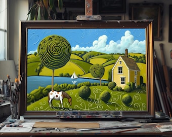 Feine Kunst Ölgemälde Landschaft Szene, rustikale Landschaft Leinwand Kunst, ruhige ländliche Wanddekoration, Vintage Bauernhaus Kunstwerk, von der Natur inspiriert