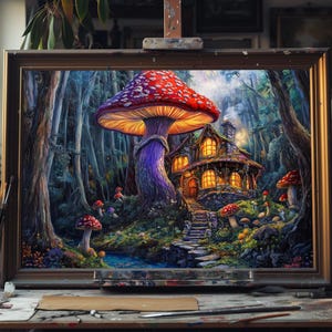 Hand Painted Canvas Fine Art Oil Painting Whimsical Mushroom Cottage in Enchanted Forest, Fantasy Nature Wall Decor, Fairycore Home Gift Art