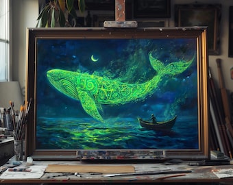 Fine Art Oil Painting of Whale in Fairy Tale – Surreal Ocean Fantasy Art, Dreamy Sea Life Canvas, Magical Marine Wall Decor, Coastal Home