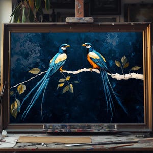Blue Long-Tailed Birds Oil Painting, Hand Painted Wildlife Canvas, Colorful Exotic Bird Wall Art, Nature Lover Decor, Unique Bird Gift Art