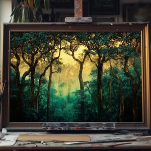 May include: A framed painting of a lush green forest with golden light filtering through the trees. The painting is on an easel in an artist's studio.