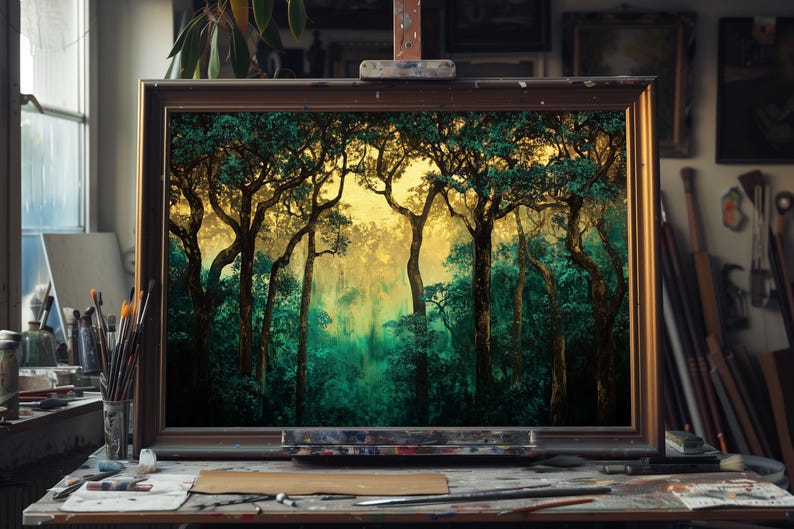 May include: A framed painting of a lush green forest with golden light filtering through the trees. The painting is on an easel in an artist's studio.