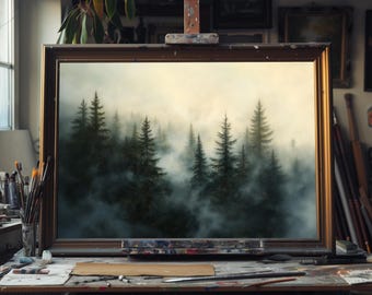 Pintura al óleo de un bosque de pinos brumoso: paisaje de bosque brumoso pintado a mano, arte mural de naturaleza serena, decoración de lienzo con un bosque tranquilo