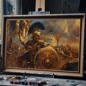 May include: A framed painting depicting a battle scene with Roman soldiers. The artwork features a central figure in golden armor, holding a sword and shield. The painting is displayed on an easel in a studio setting, with paintbrushes and supplies visible.