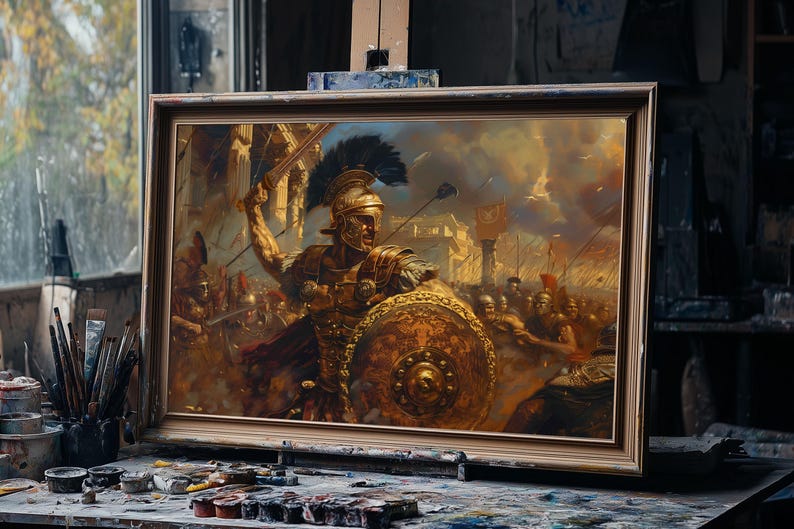 May include: A framed painting depicting a battle scene with Roman soldiers. The artwork features a central figure in golden armor, holding a sword and shield. The painting is displayed on an easel in a studio setting, with paintbrushes and supplies visible.