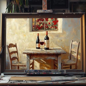Kunstölgemälde Zwei Flaschen Wein auf Tisch, Handgemaltes Stillleben auf Leinwand, Elegantes Weindekor für Küche oder Esszimmer