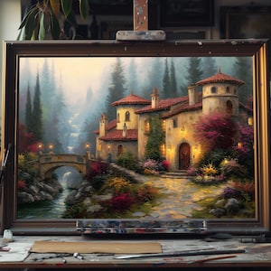 Fine Art European‑Style Villa Oil Painting, Mediterranean Villa Garden Art, Rustic Tuscan Landscape Decor, Serene Villa Wall Canvas, Oil Art