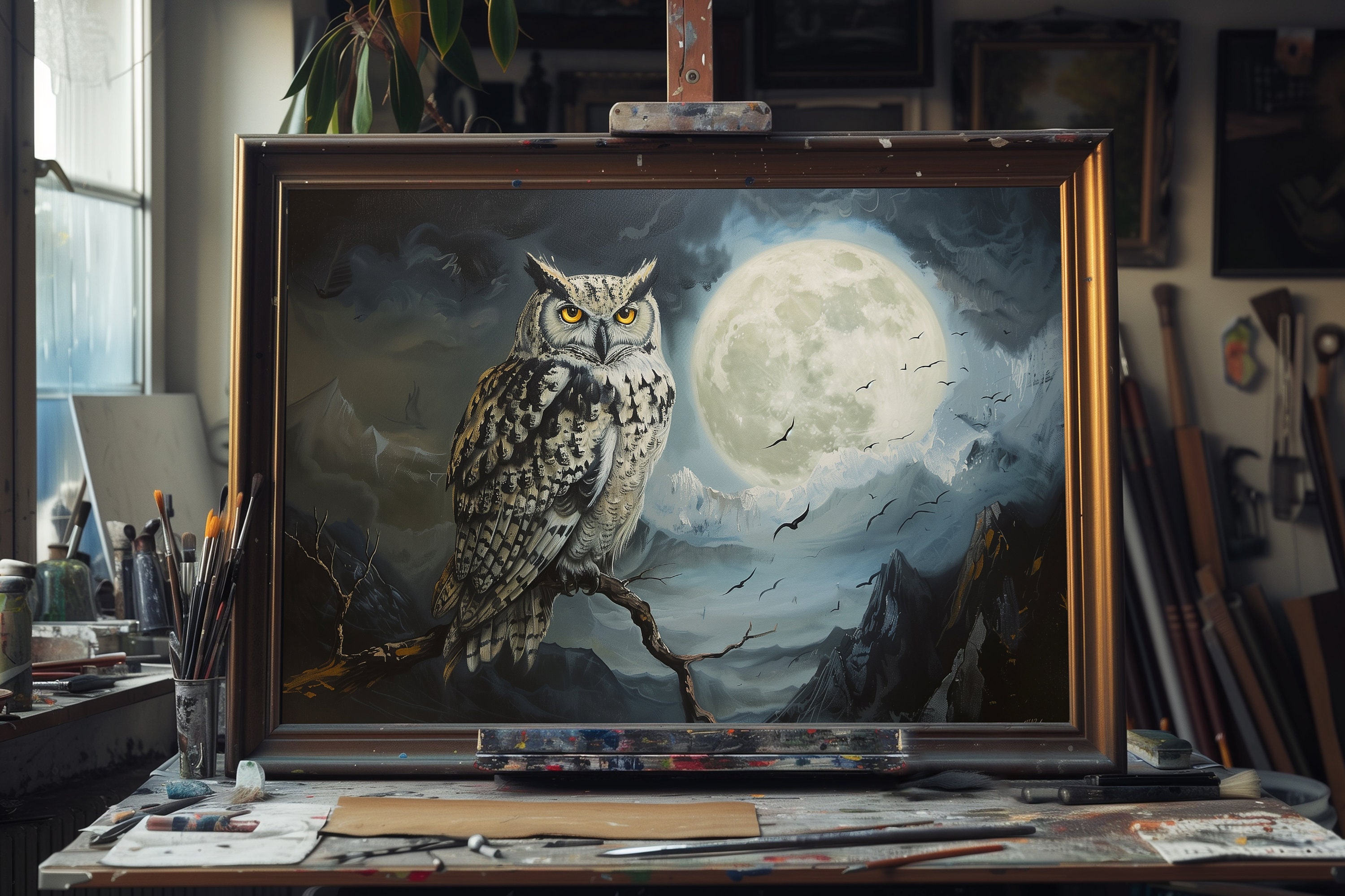 Fine Art Oil Painting of Owl and Nocturnal Moonlight – Mystical Night Bird Art, Full Moon Fore