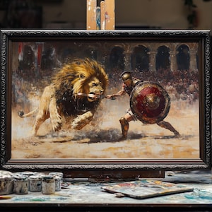 K&ouml;nnte beinhalten: Ein gerahmtes &Ouml;lgem&auml;lde, das einen Gladiator zeigt, der in einer Arena gegen einen L&ouml;wen k&auml;mpft. Der Gladiator tr&auml;gt einen Helm und h&auml;lt einen Schild und ein Schwert. Der L&ouml;we st&uuml;rmt mit offenem Maul auf den Gladiator zu.
