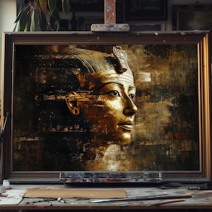 Ancient Pharaoh Oil Painting – Egyptian King Portrait Art, Gold Texture Canvas, Historical Wall Decor, Regal African Heritage Gift Idea Art