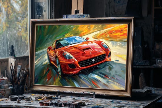 Fine Art Oil Painting Red Ferrari Speed, Hand-painted Supercar