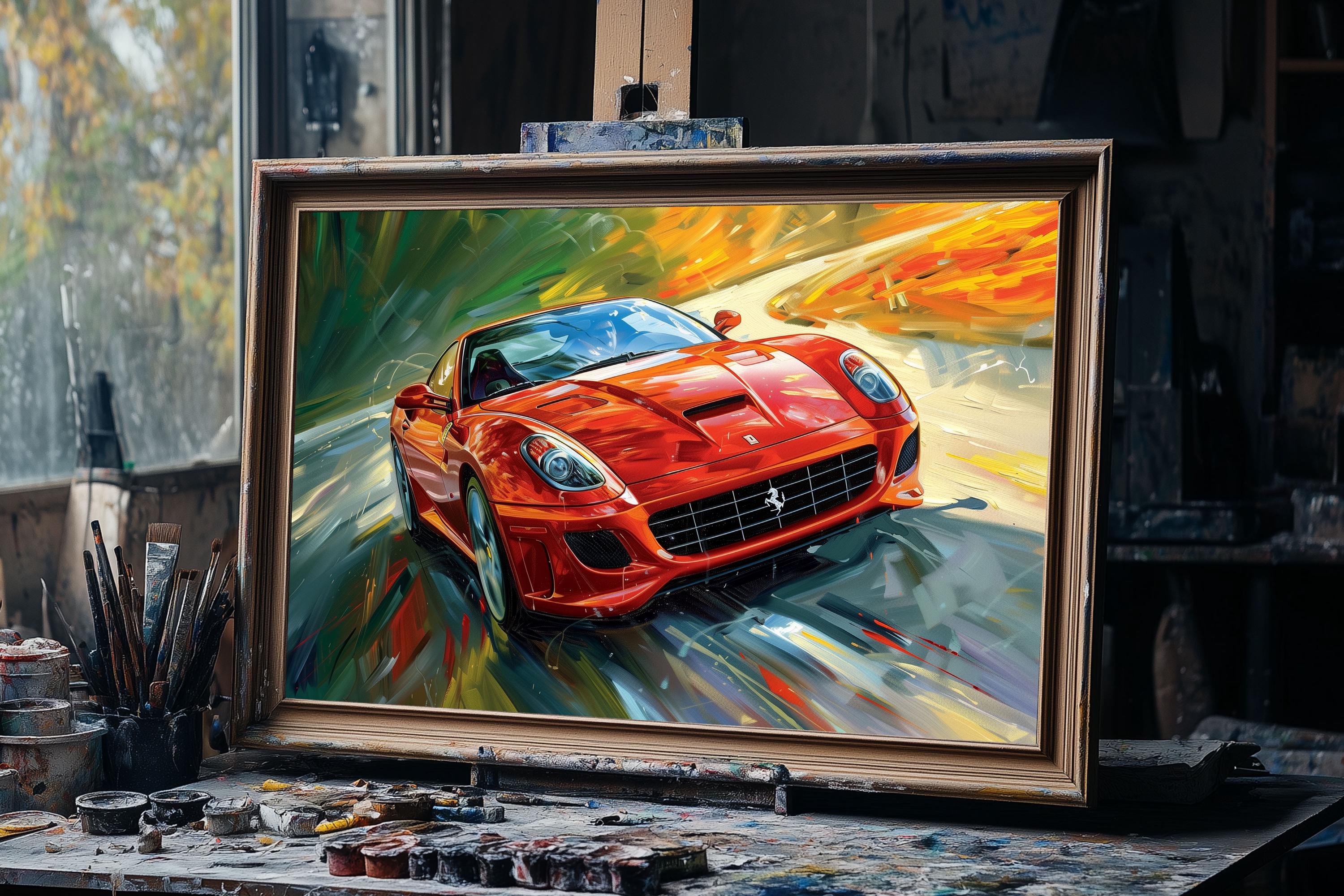 Fine Art Oil Painting Red Ferrari Speed, Hand-painted Supercar