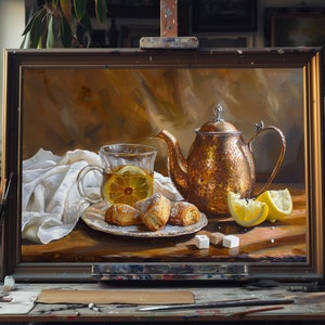 Handgemaltes Ölgemälde Tee und Zitrone, Handgemaltes Stillleben, Rustikale Küche, Realistische Essen Leinwand Wanddekoration, Öl Kunstwerk