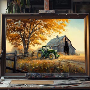 Fine Art Oil Painting John Deere Farm Tractor, Rustic Green Tractor Canvas Art, Vintage Farm Landscape Wall Decor, Country Farming Artwork