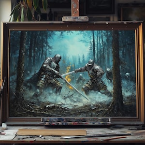 Medieval Battle Fine Art Oil Painting, Knights in Forest Warfare, Dramatic Historical Canvas, Hand‑Painted Medieval Combat Decor, Oil Art