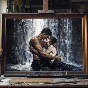 Hand Painted Canvas Fine Art Oil Painting Romantic Couple Embrace under Waterfall, Passionate Love Wall Decor, Nature Gift for Lovers Art