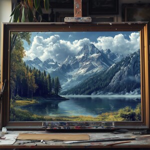 Fine Art Oil Painting Mountain Tree and Lake, Serene Nature Landscape ...