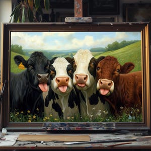 Fine Art Oil Painting Cows Huddled Together, Farm Animal Wall Art, Rustic Country Decor, Hand-Painted Cattle Artwork, Pastoral Landscape Art