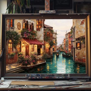 Peut inclure: Peinture encadrée d'une scène de canal vénitien, avec des bâtiments éclairés par une lumière chaude, un auvent rouge et un canal avec des gondoles. L'œuvre est sur un chevalet d'artiste, entourée de pinceaux et de fournitures d'art.