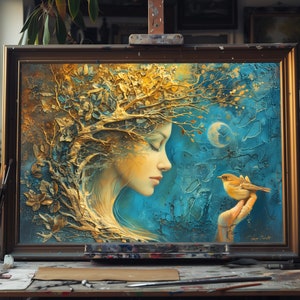 Fine Art Oil Painting Mother Nature, Hand-Painted Gaia Goddess Portrait, Tree of Life Spiritual Canvas, Earth Mother Wall Art Decor Home