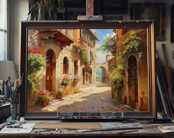 Fine Art Oil Painting Italian Village Street, Rustic Tuscany Landscape Canvas Art, Mediterranean Alley Wall Decor, Vintage European Artwork