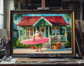 Hawaiian Santa Claus Fine Art Oil Painting, Hand‑Painted Surfing Santa Canvas, Tropical Christmas Beach Wall Decor, Oil Painting Artwork