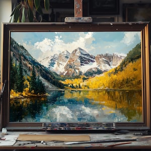 Dipinto ad olio di belle arti &quot;Maroon Bells&quot;, arte paesaggistica di Aspen, Colorado, decorazione murale delle Montagne Rocciose, riflesso del lago autunnale, tela dipinta a mano