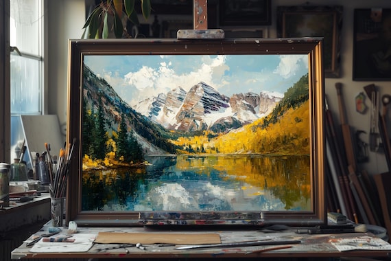 Fine Art Oil Painting Maroon Bells, Aspen Colorado Landscape Art, Rocky Mountains Wall Decor, Autumn Lake Reflection, Handmade Canvas Art