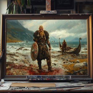Fine Art Ölgemälde Wikinger Krieger Standing, Nordische Heldin Leinwand Kunst, Nordische Krieger Wanddekoration, Historische Nordische Kunstwerke, Mittelalterliche Dekoration