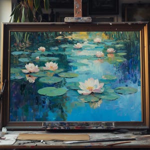 Fine Art Oil Painting of Water Lilies – Impressionist Pond Scene, Tranquil Floral Wall Art, Nature-Inspired Home Decor, Handmade Canvas Art