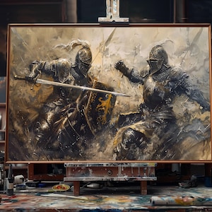 May include: An oil painting on an easel depicts two knights in battle, clad in dark armor, wielding swords and shields. The artwork is rich in detail, with a palette of browns, golds, and grays. The scene is set in a studio, with paint supplies and other artwork visible.