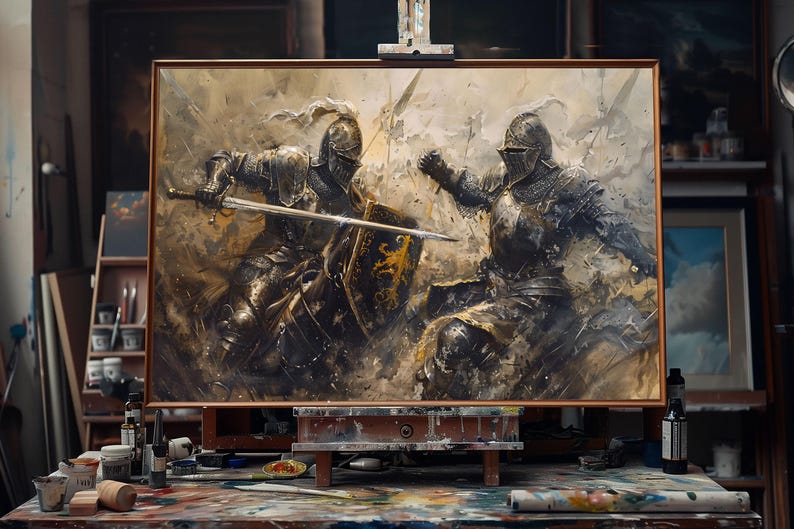 May include: An oil painting on an easel depicts two knights in battle, clad in dark armor, wielding swords and shields. The artwork is rich in detail, with a palette of browns, golds, and grays. The scene is set in a studio, with paint supplies and other artwork visible.