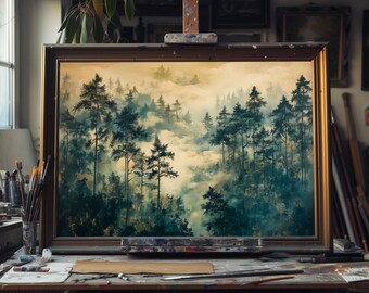 Fine Art Oil Painting of Misty Forest Morning – Serene Woodland Landscape Art, Tranquil Foggy Trees, Rustic Nature Wall Decor, Handmade Art