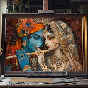 Fine Art Oil Painting of Radha Krishna Playing Flute – Divine Love Hindu Art, Spiritual Indian Wall Decor, Romantic Religious Canvas Artwork
