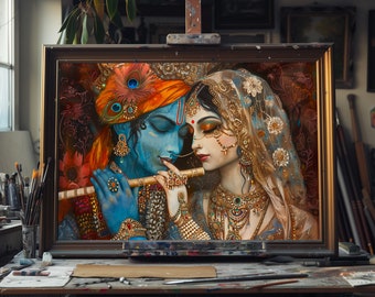 Puede incluir: Una pintura de una pareja con vestimenta tradicional india. El hombre está tocando una flauta y la mujer lo mira con amor. La pintura está enmarcada en un marco de madera.