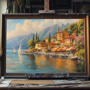 Fine Art Oil Painting Italian Lakeside Village, Hand-Painted Lake Como Scene, Serene Waterfront Landscape, Mediterranean Wall Art, Oil Art