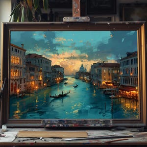 Fine Art Oil Painting Grand Canal Venice Scene, Romantic Gondola Landscape on Canvas, Handmade Italian Cityscape Wall Art for Home Decor Art